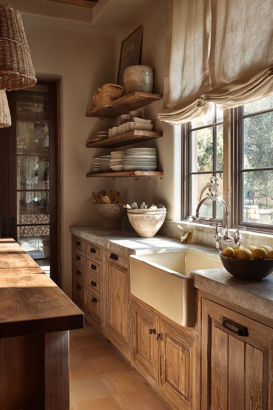 Reclaimed Oak Cabinetry with Terracotta Floors