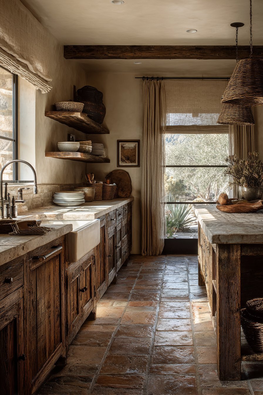 Reclaimed Oak Cabinetry with Terracotta Floors