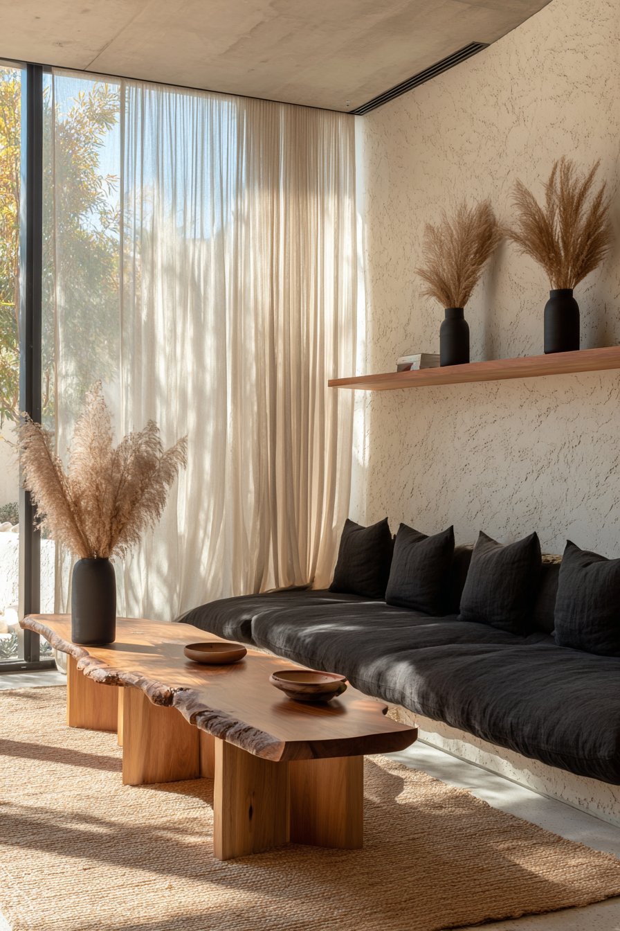 Japandi living room with charcoal linen sofa, walnut coffee table, jute rug and plaster wall with oak floating shelves