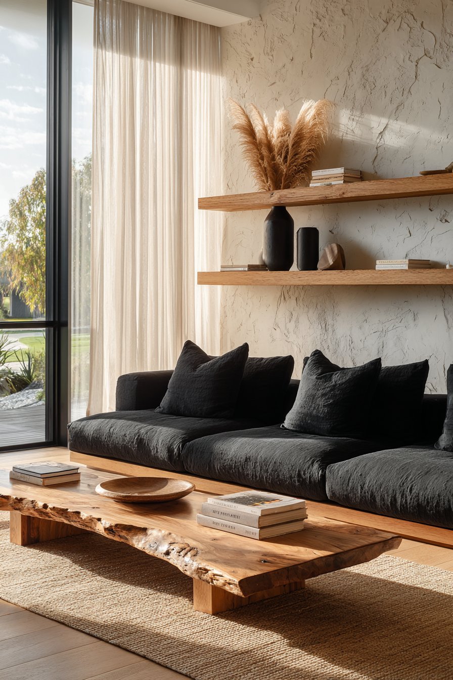 Japandi living room with charcoal linen sofa, walnut coffee table, jute rug and plaster wall with oak floating shelves