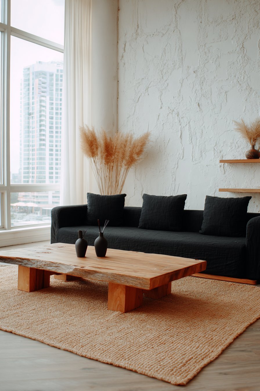 Japandi living room with charcoal linen sofa, walnut coffee table, jute rug and plaster wall with oak floating shelves