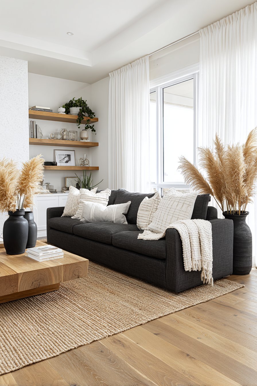 Japandi living room with charcoal linen sofa, walnut coffee table, jute rug and plaster wall with oak floating shelves