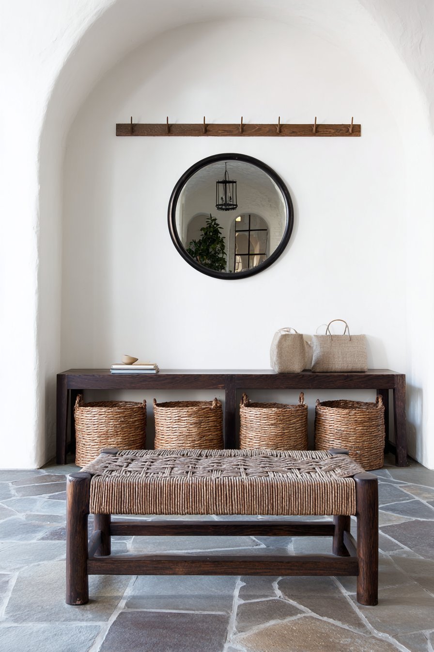 Dark walnut bench with woven rattan seat on stone tiles, wooden coat pegs, round black-framed mirror and baskets
