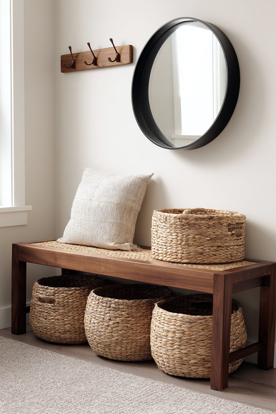 Dark walnut bench with woven rattan seat on stone tiles, wooden coat pegs, round black-framed mirror and baskets
