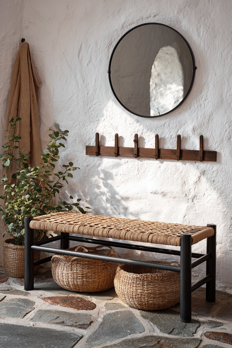 Dark walnut bench with woven rattan seat on stone tiles, wooden coat pegs, round black-framed mirror and baskets