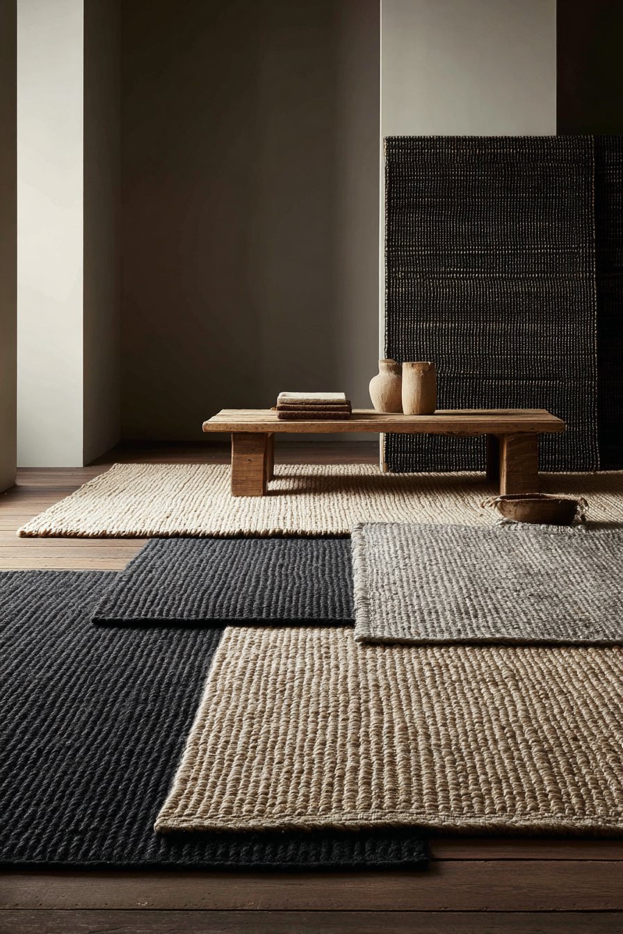 Natural jute rug layered with a charcoal wool rug under a wood coffee table and low neutral seating