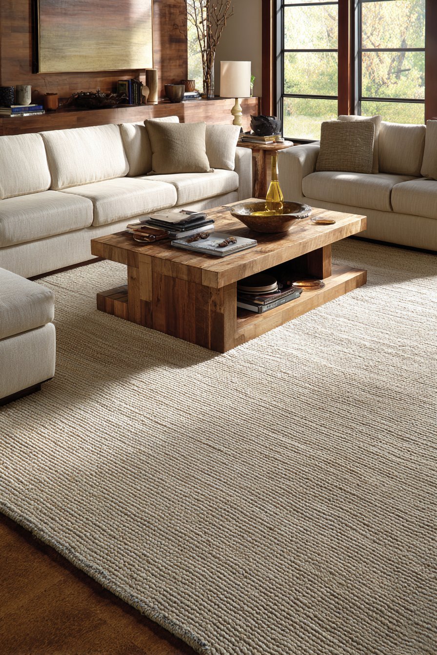 Natural jute rug layered with a charcoal wool rug under a wood coffee table and low neutral seating