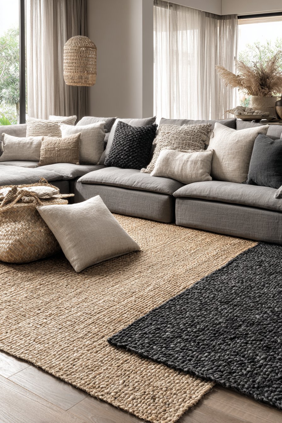 Natural jute rug layered with a charcoal wool rug under a wood coffee table and low neutral seating