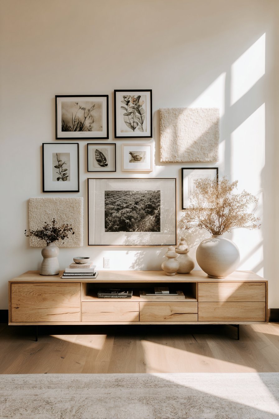 Asymmetric gallery wall of black-framed botanical prints, ink paintings and fiber art above a light wood credenza