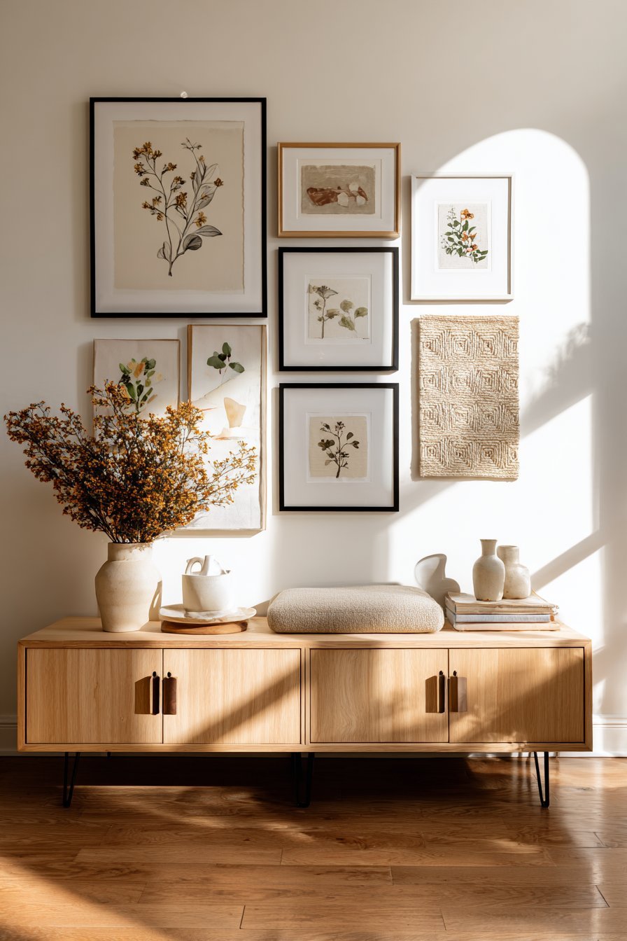 Asymmetric gallery wall of black-framed botanical prints, ink paintings and fiber art above a light wood credenza