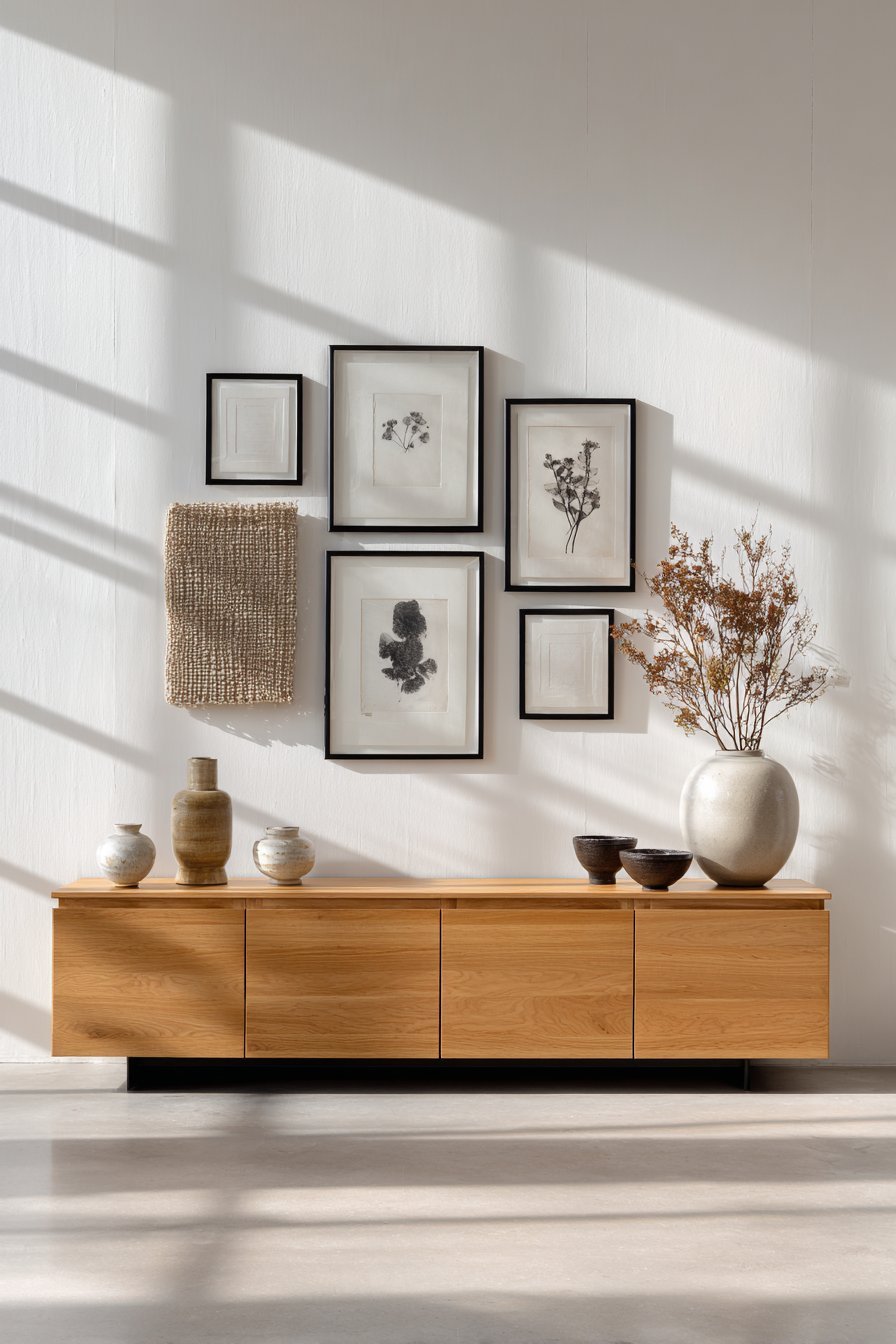 Asymmetric gallery wall of black-framed botanical prints, ink paintings and fiber art above a light wood credenza