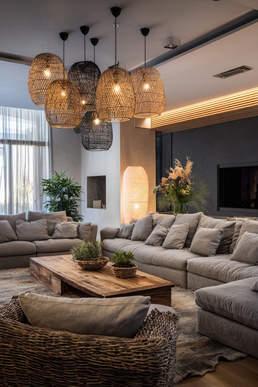 Washi paper floor lamp, black pendant lights with fiber shades and LED strips lighting a Japandi living room