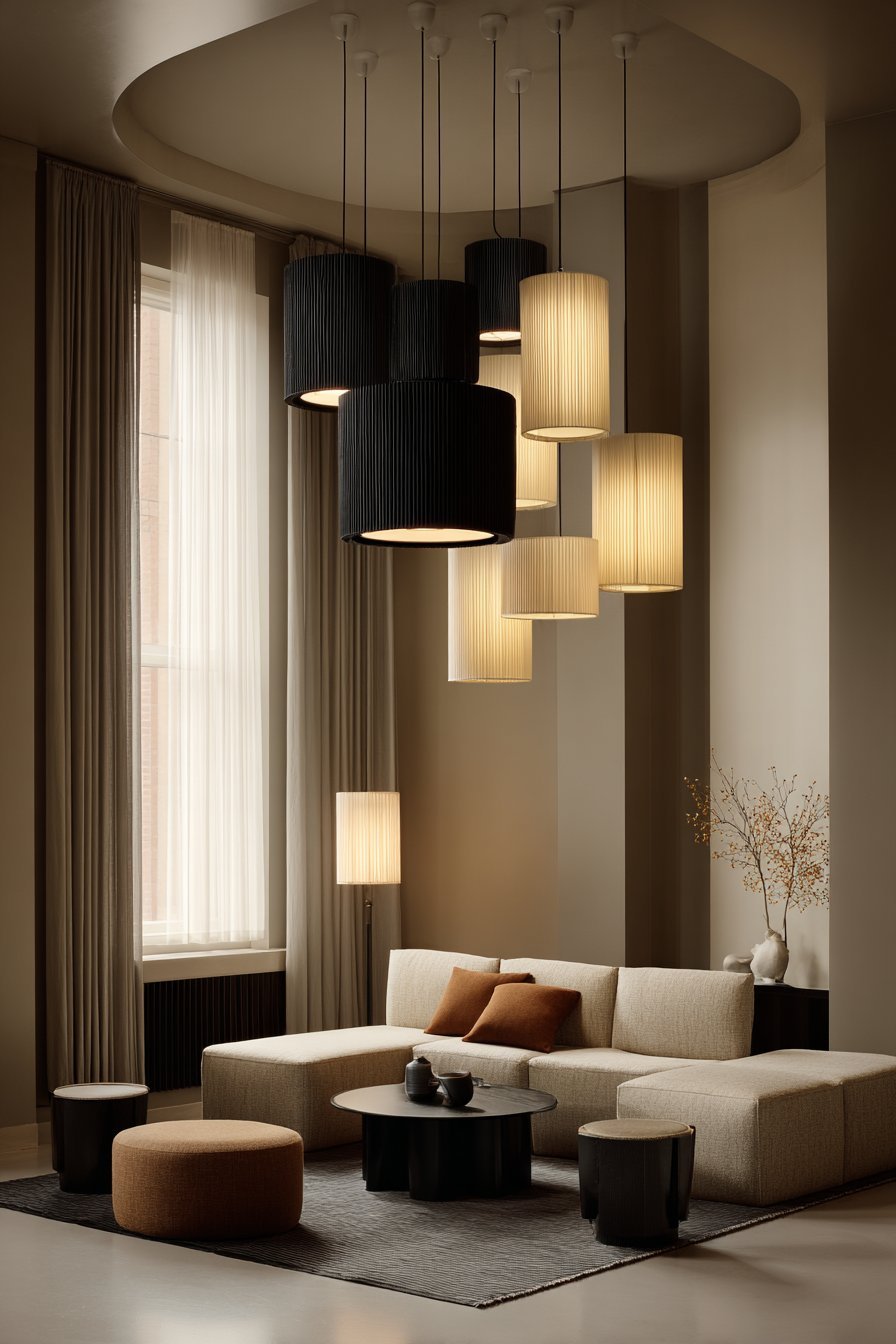 Washi paper floor lamp, black pendant lights with fiber shades and LED strips lighting a Japandi living room