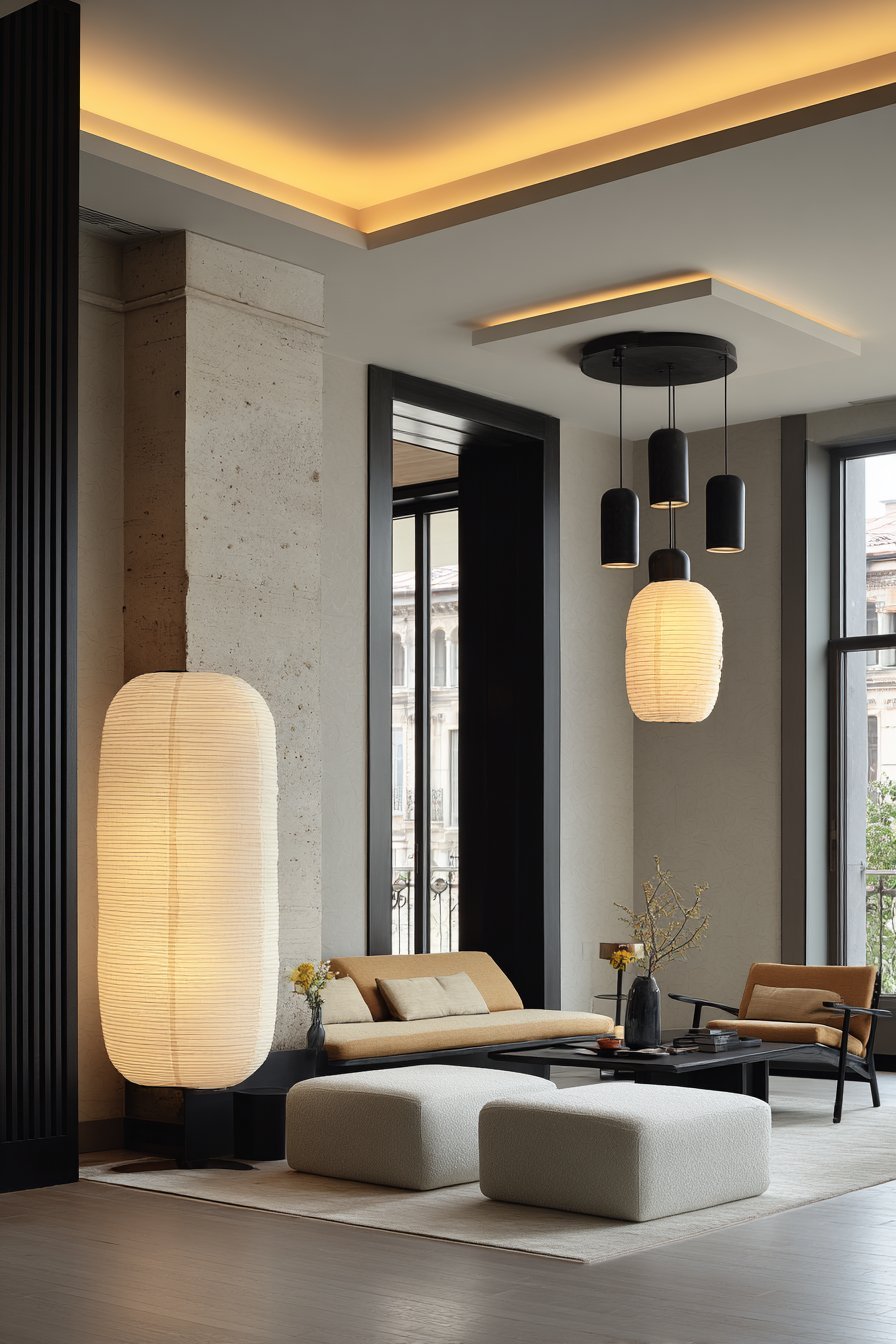 Washi paper floor lamp, black pendant lights with fiber shades and LED strips lighting a Japandi living room