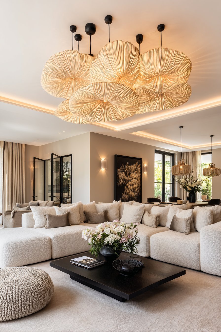 Washi paper floor lamp, black pendant lights with fiber shades and LED strips lighting a Japandi living room