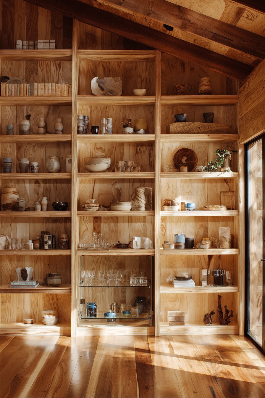 Floor-to-ceiling light ash cabinetry with open shelves, sliding panel doors and a hidden glass-shelf bar cabinet