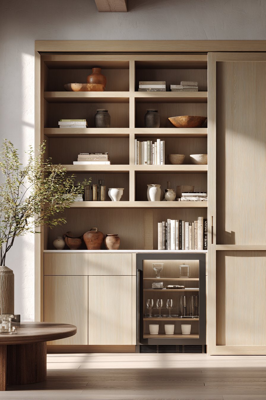 Floor-to-ceiling light ash cabinetry with open shelves, sliding panel doors and a hidden glass-shelf bar cabinet
