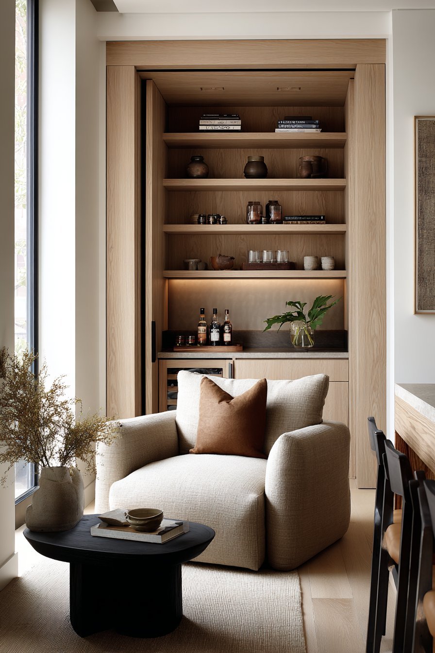 Floor-to-ceiling light ash cabinetry with open shelves, sliding panel doors and a hidden glass-shelf bar cabinet