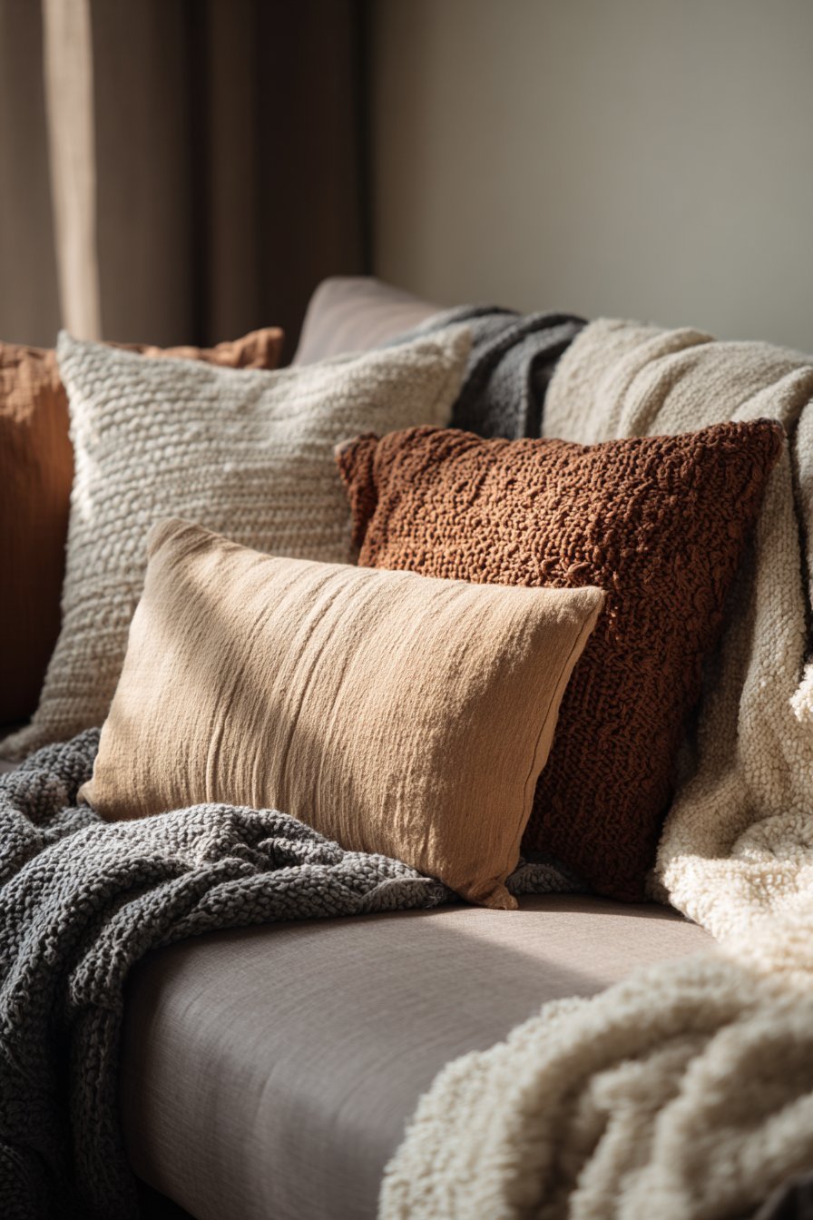 Warm grey linen sofa layered with cotton and merino throws, mixed texture pillows and a sheepskin