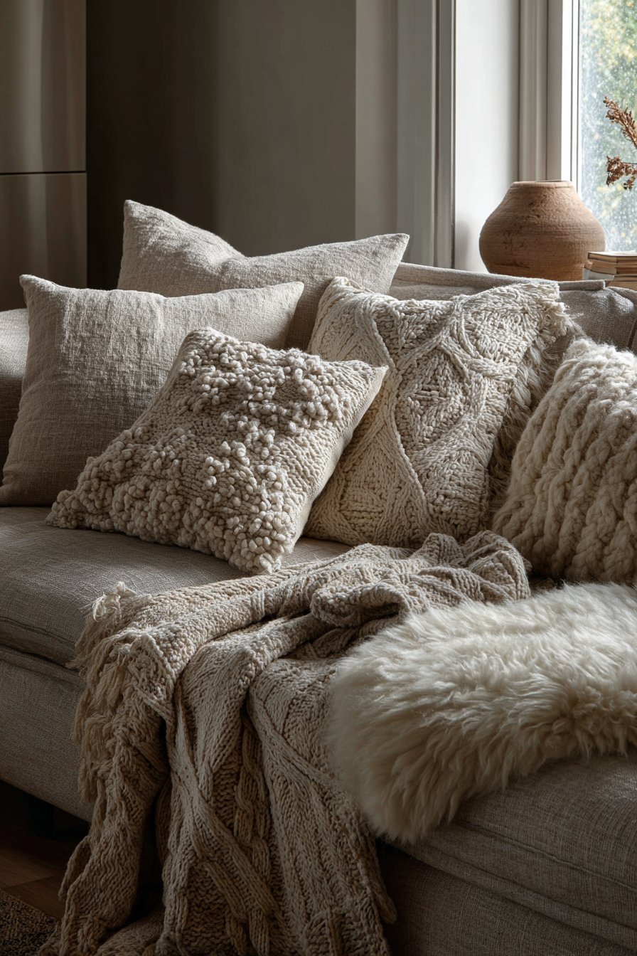 Warm grey linen sofa layered with cotton and merino throws, mixed texture pillows and a sheepskin