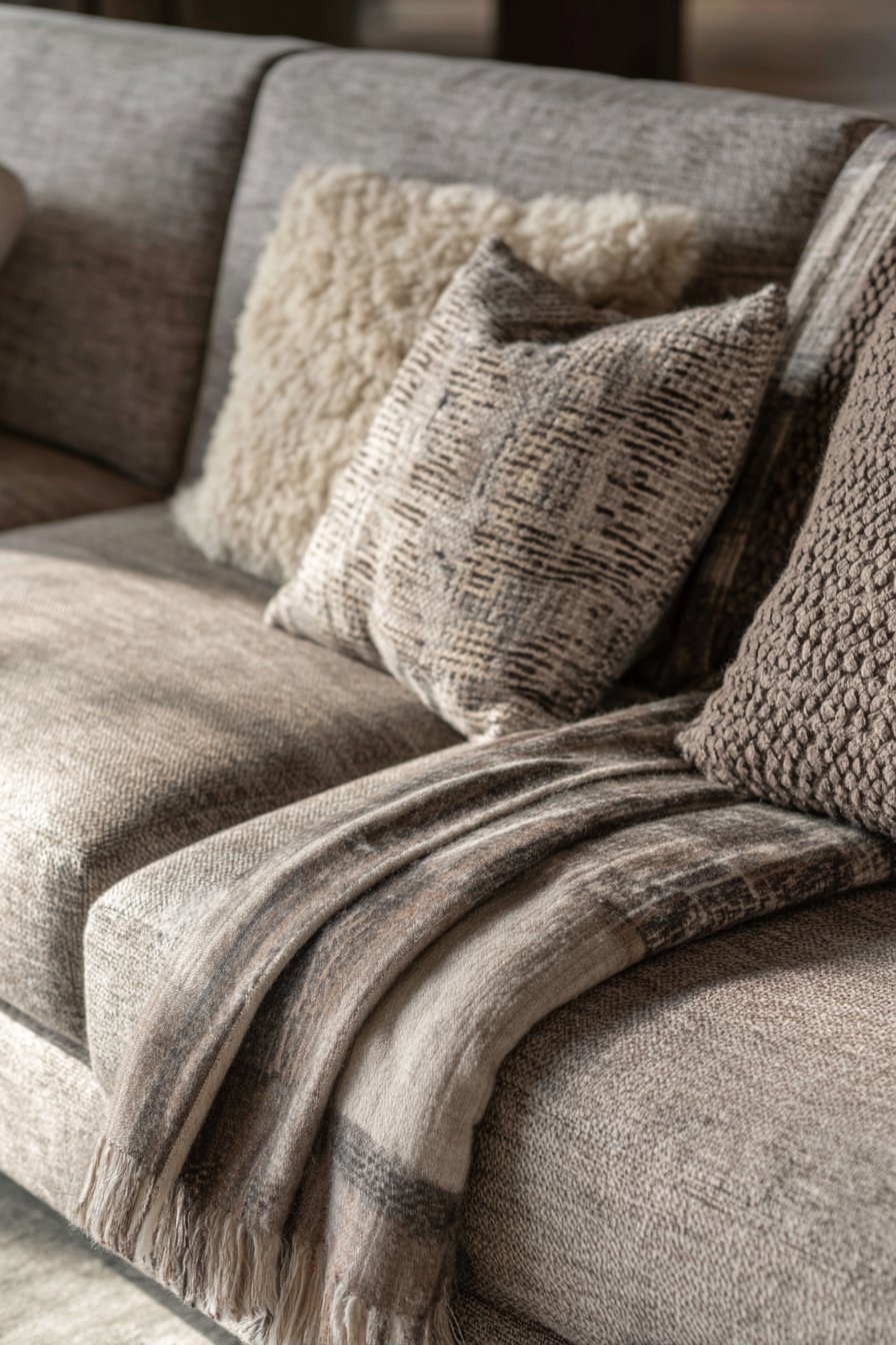 Warm grey linen sofa layered with cotton and merino throws, mixed texture pillows and a sheepskin