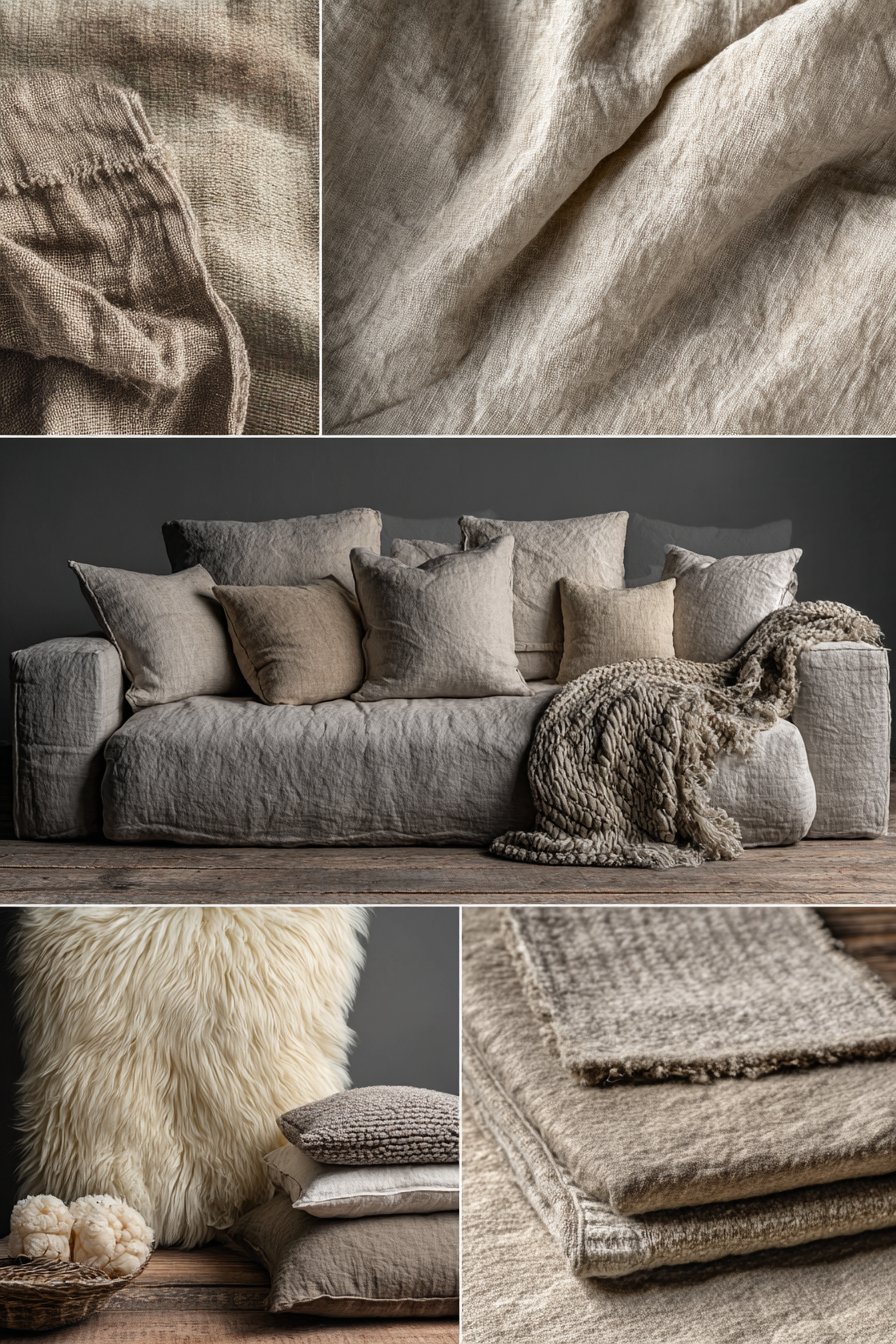 Warm grey linen sofa layered with cotton and merino throws, mixed texture pillows and a sheepskin