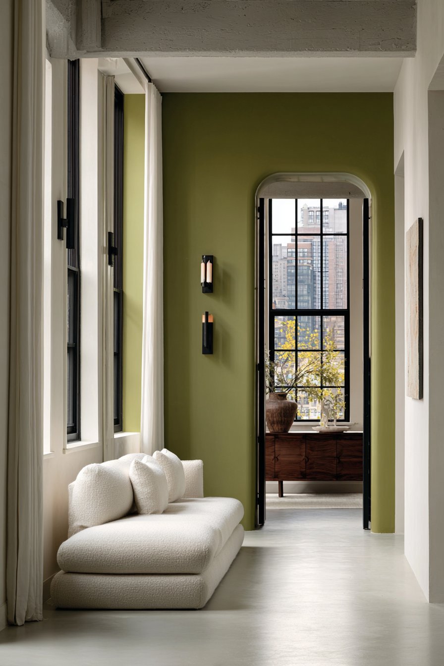 Muted sage green accent wall with a natural linen sofa, walnut credenza, black metal accents and sheer curtains