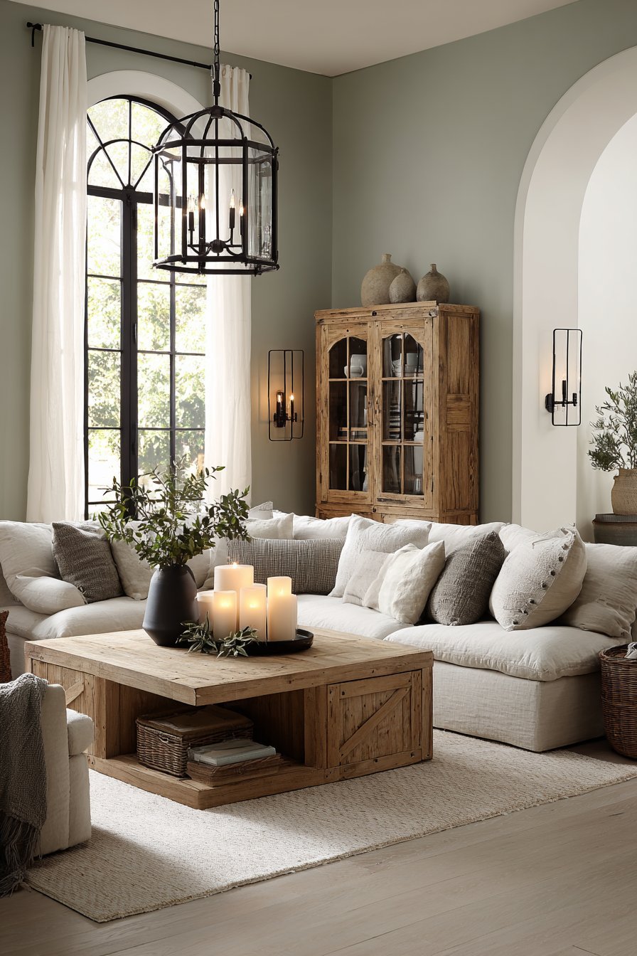 Muted sage green accent wall with a natural linen sofa, walnut credenza, black metal accents and sheer curtains
