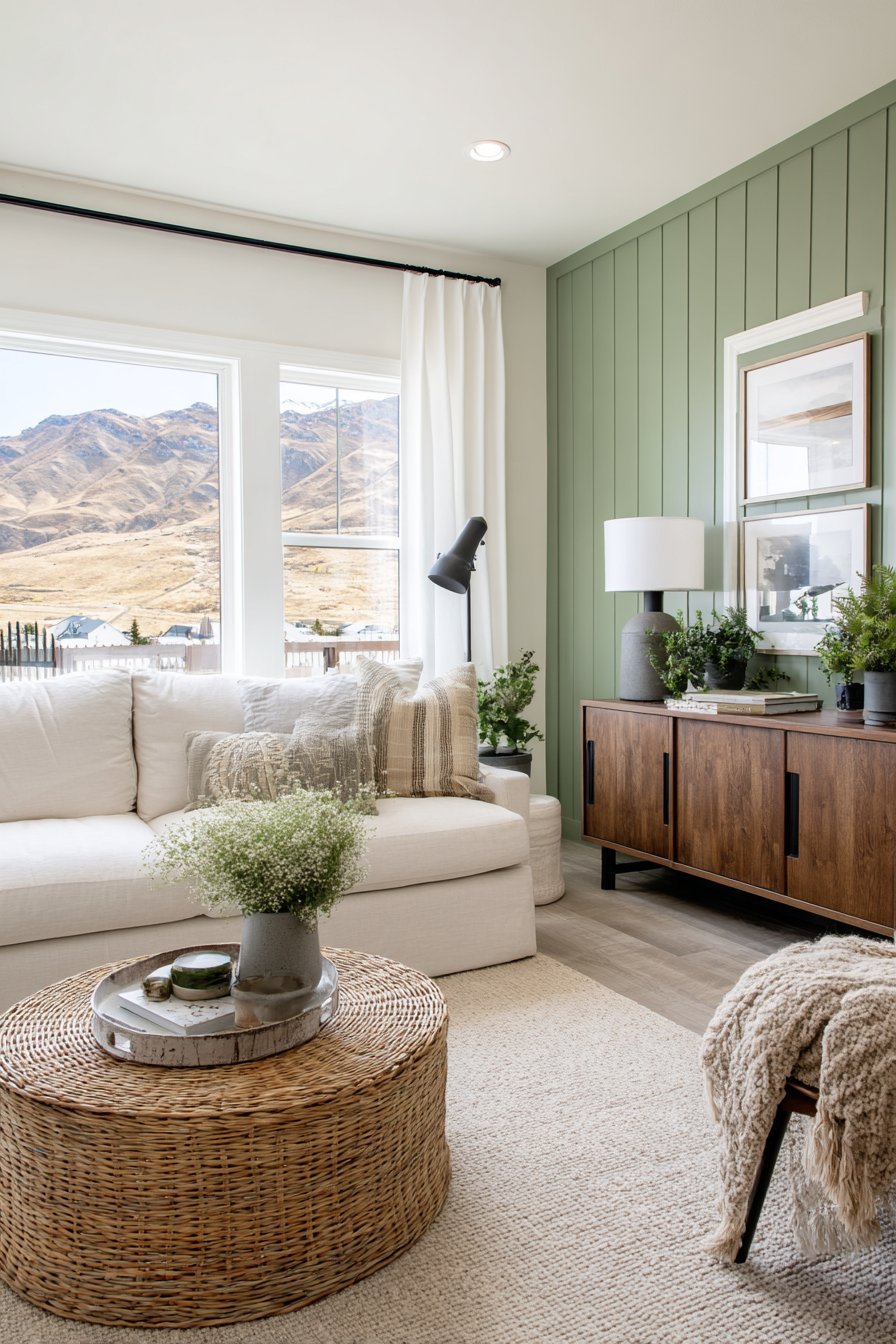 Muted sage green accent wall with a natural linen sofa, walnut credenza, black metal accents and sheer curtains