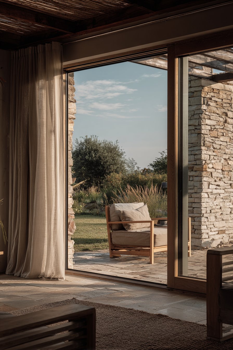 Sliding glass doors to a private garden, stone accent wall, live-edge furniture, planters and a meditation corner