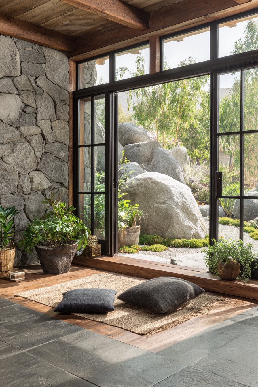 Sliding glass doors to a private garden, stone accent wall, live-edge furniture, planters and a meditation corner