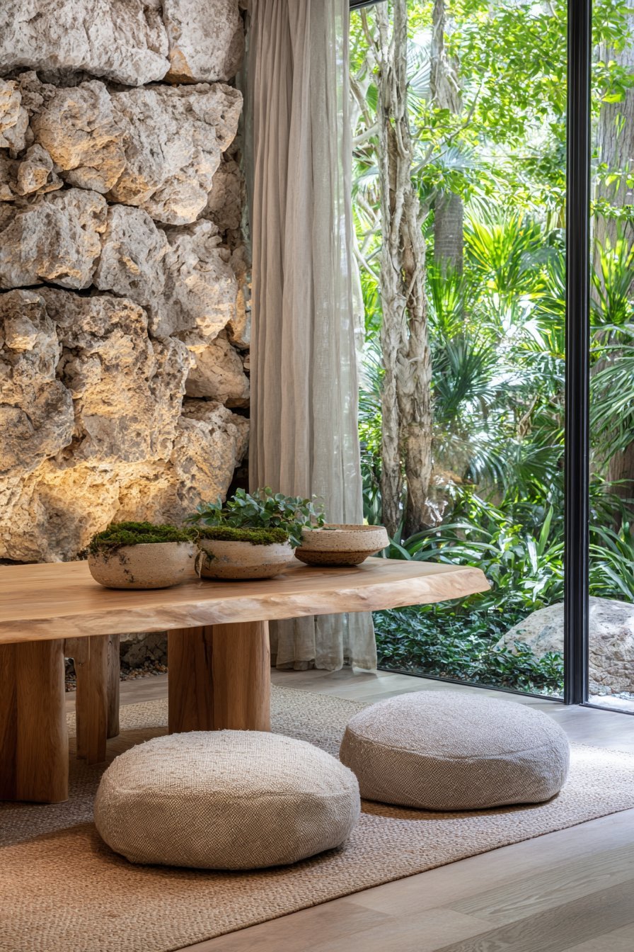 Sliding glass doors to a private garden, stone accent wall, live-edge furniture, planters and a meditation corner