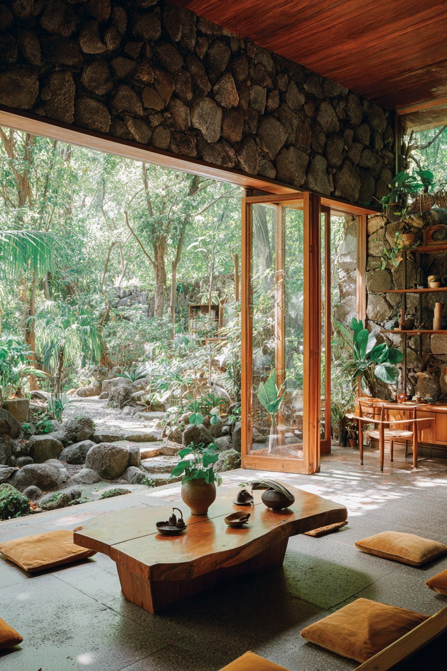 Sliding glass doors to a private garden, stone accent wall, live-edge furniture, planters and a meditation corner