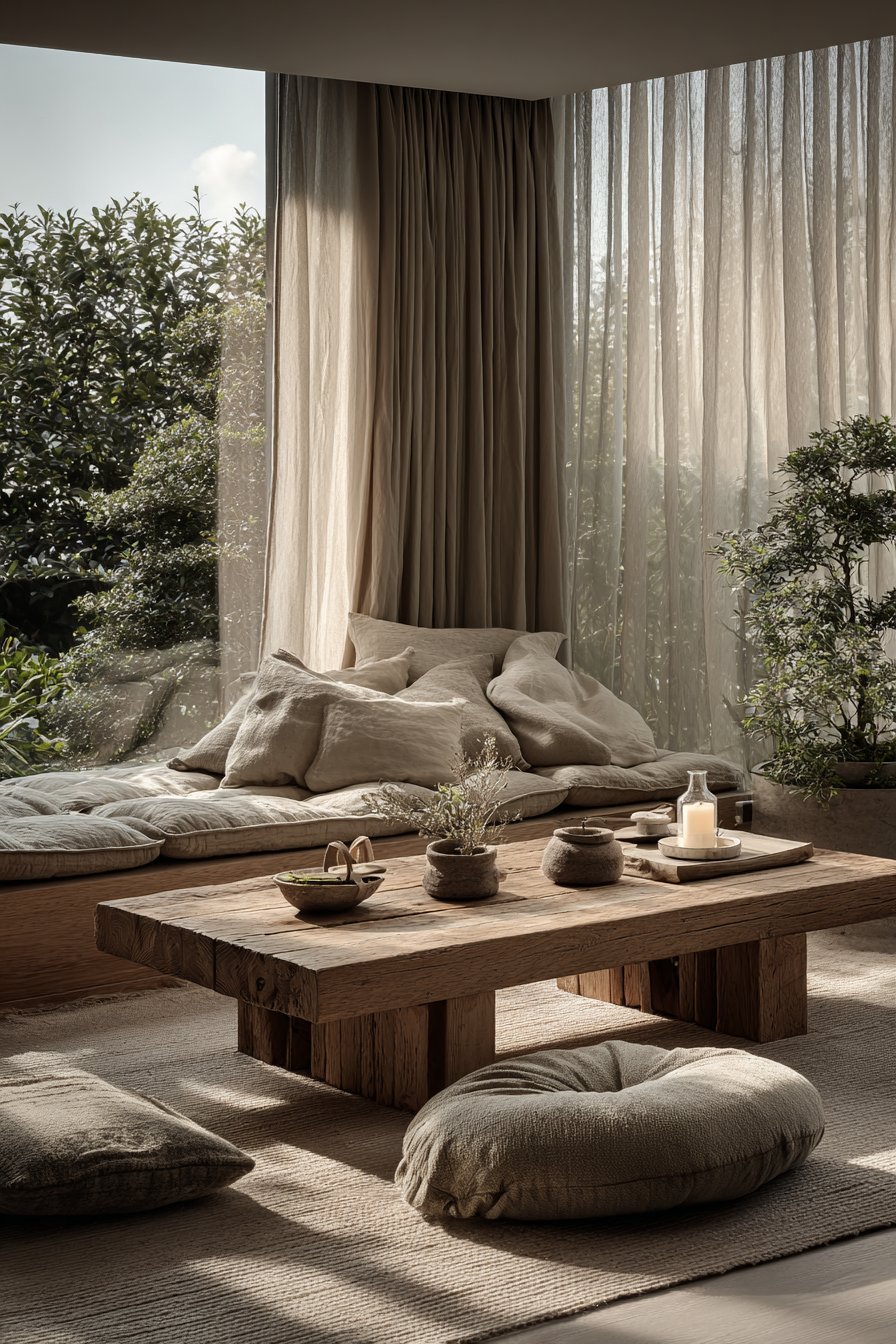 Platform sofa, floor cushions and a zabuton cushion around a reclaimed wood coffee table in natural fabrics