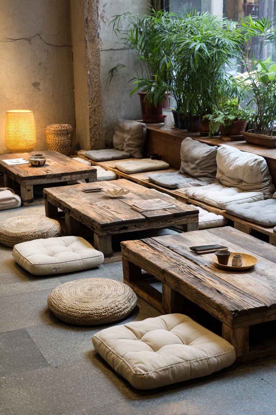 Platform sofa, floor cushions and a zabuton cushion around a reclaimed wood coffee table in natural fabrics