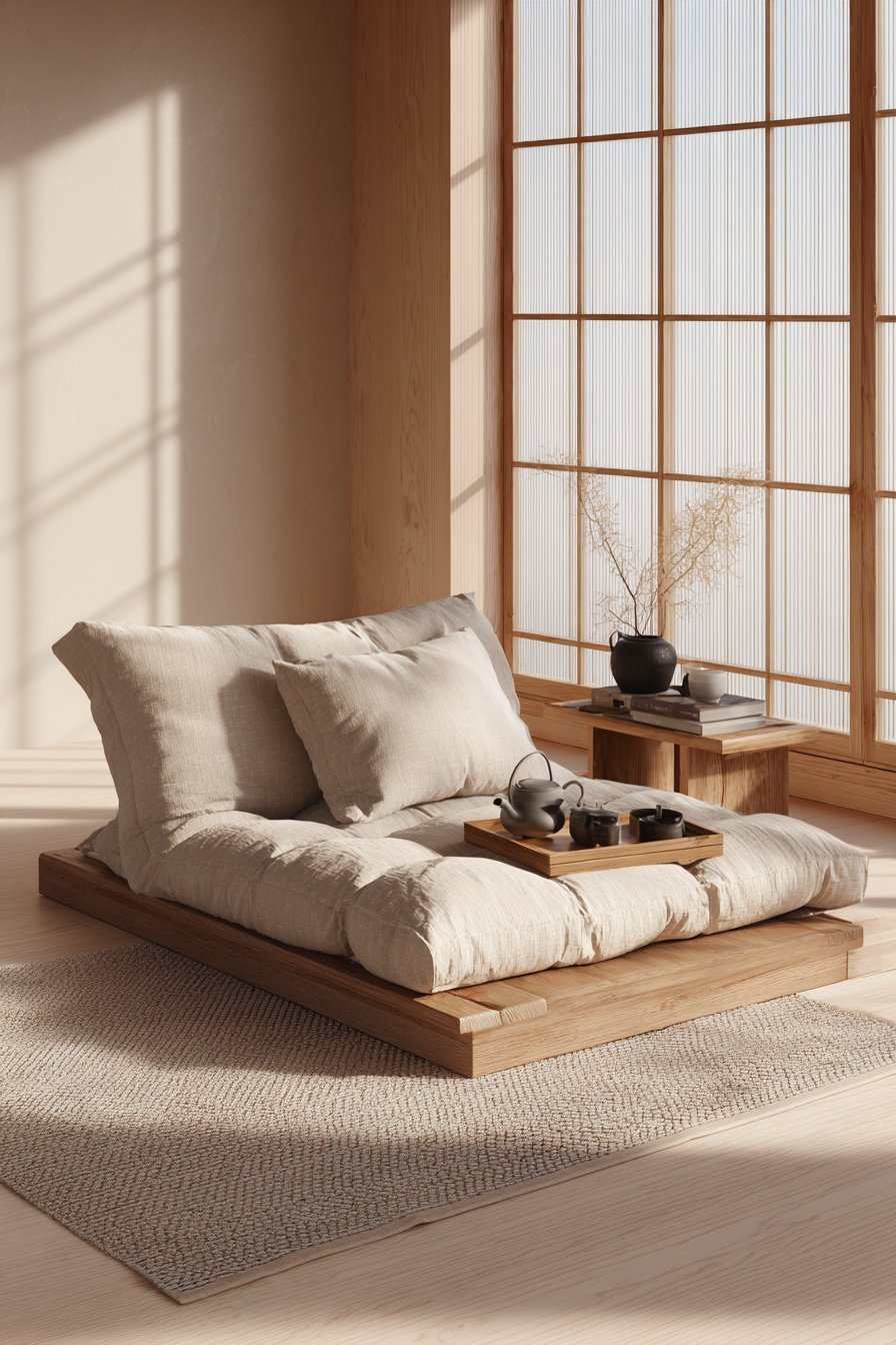 Reading nook with low organic cotton floor cushion, wooden side table with tea set and a floor-to-ceiling shoji screen