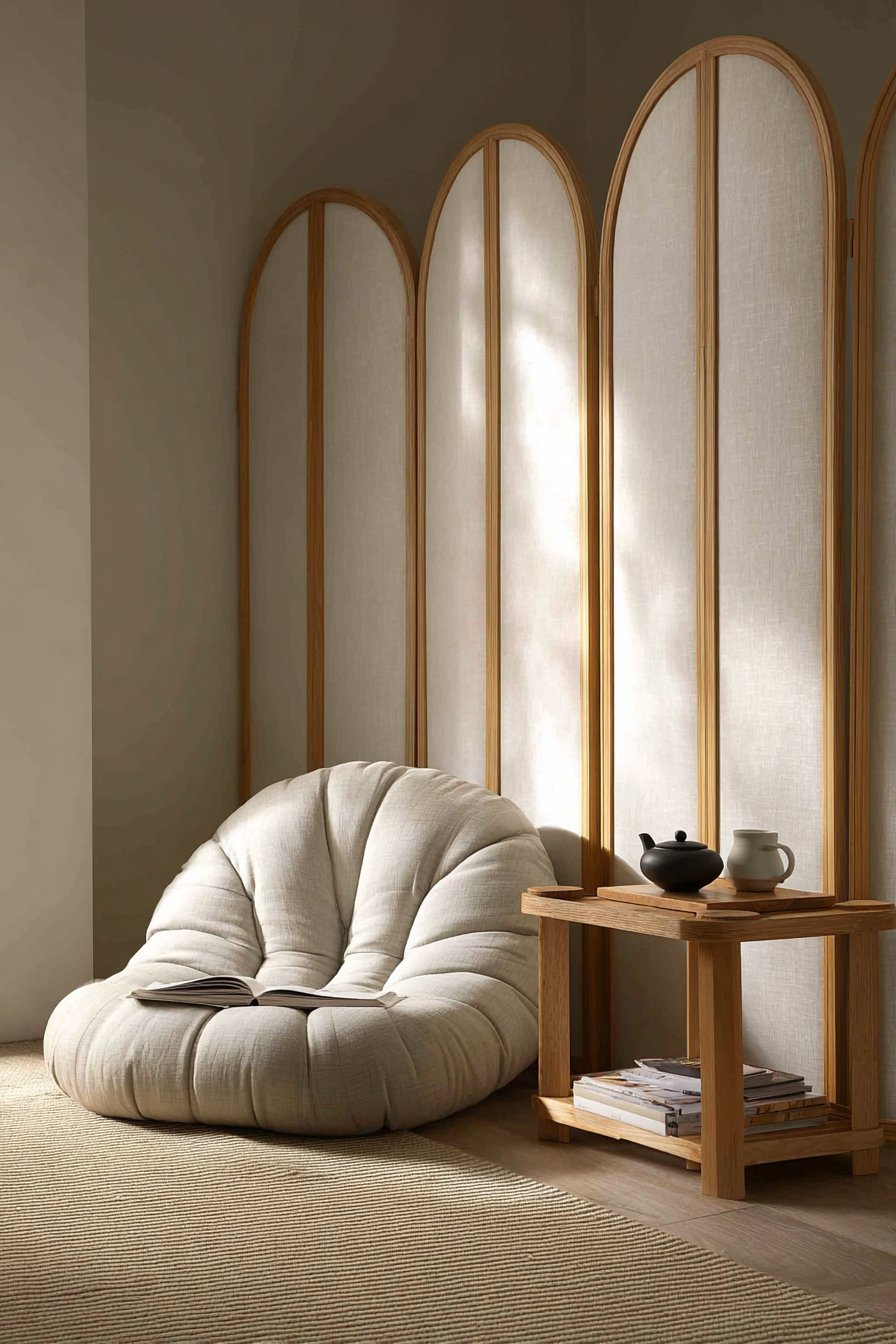 Reading nook with low organic cotton floor cushion, wooden side table with tea set and a floor-to-ceiling shoji screen