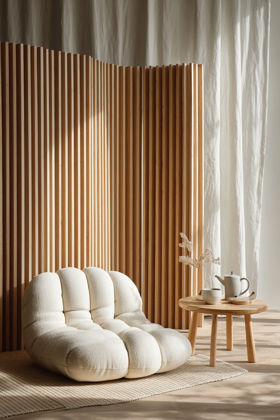 Reading nook with low organic cotton floor cushion, wooden side table with tea set and a floor-to-ceiling shoji screen