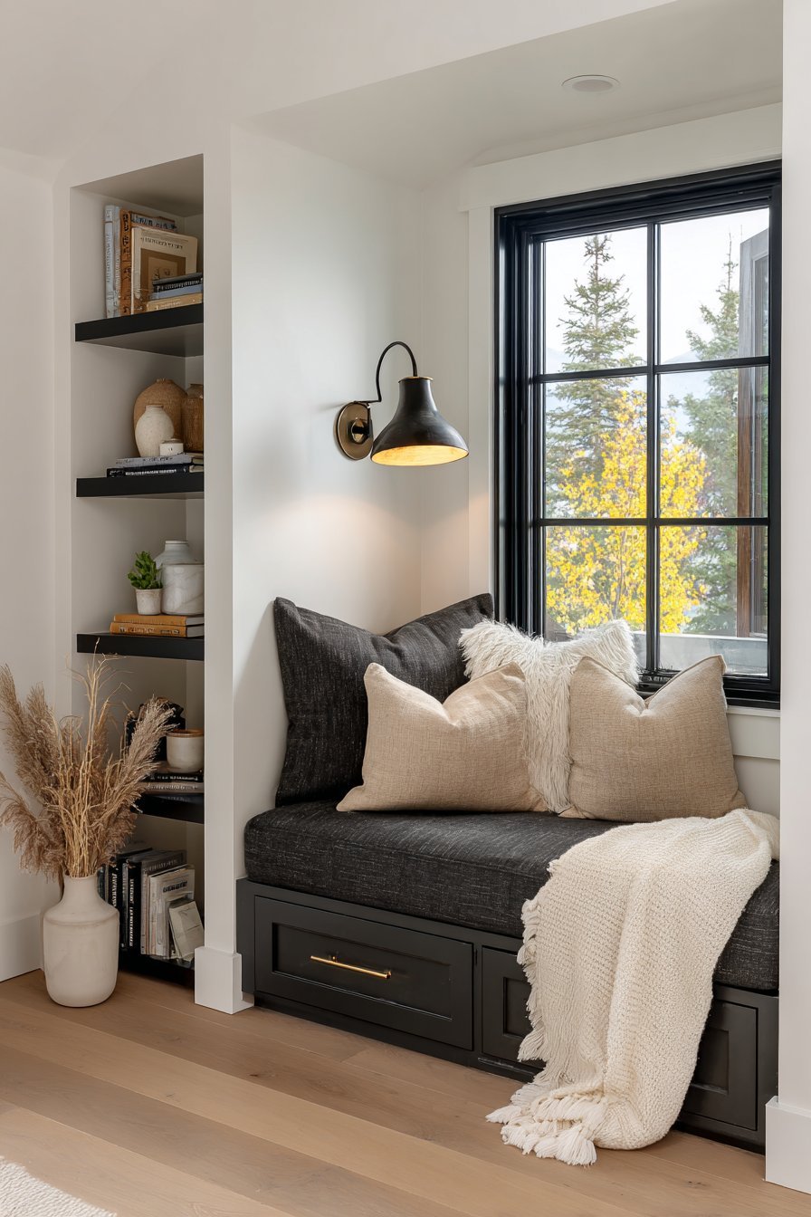 Charcoal linen window seat alcove with wall reading lamp, narrow floating shelves, ceramic objects and a cream wool throw