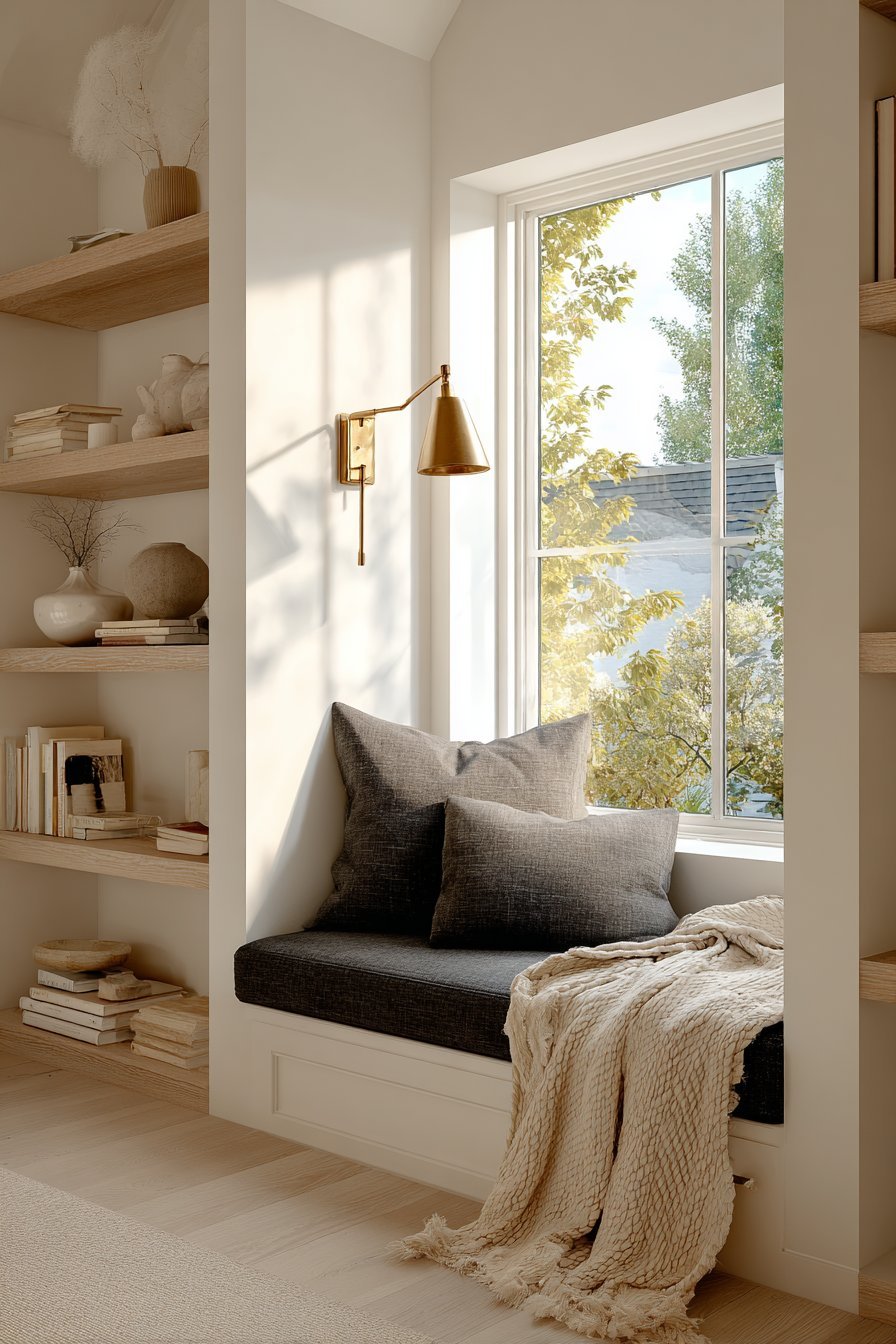 Charcoal linen window seat alcove with wall reading lamp, narrow floating shelves, ceramic objects and a cream wool throw