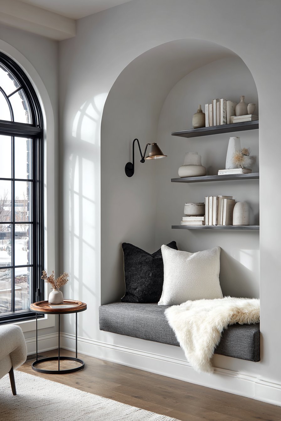 Charcoal linen window seat alcove with wall reading lamp, narrow floating shelves, ceramic objects and a cream wool throw