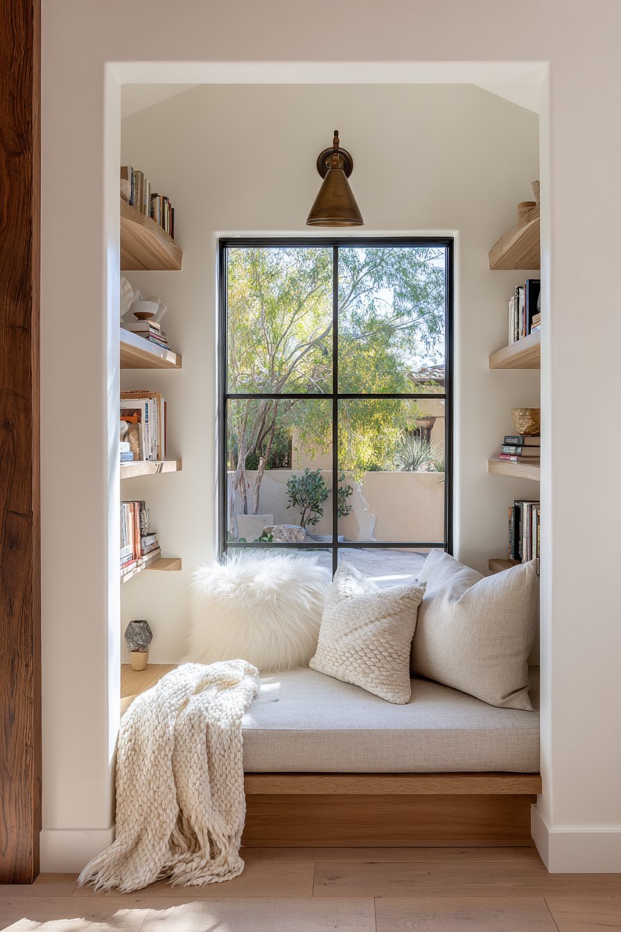 Charcoal linen window seat alcove with wall reading lamp, narrow floating shelves, ceramic objects and a cream wool throw