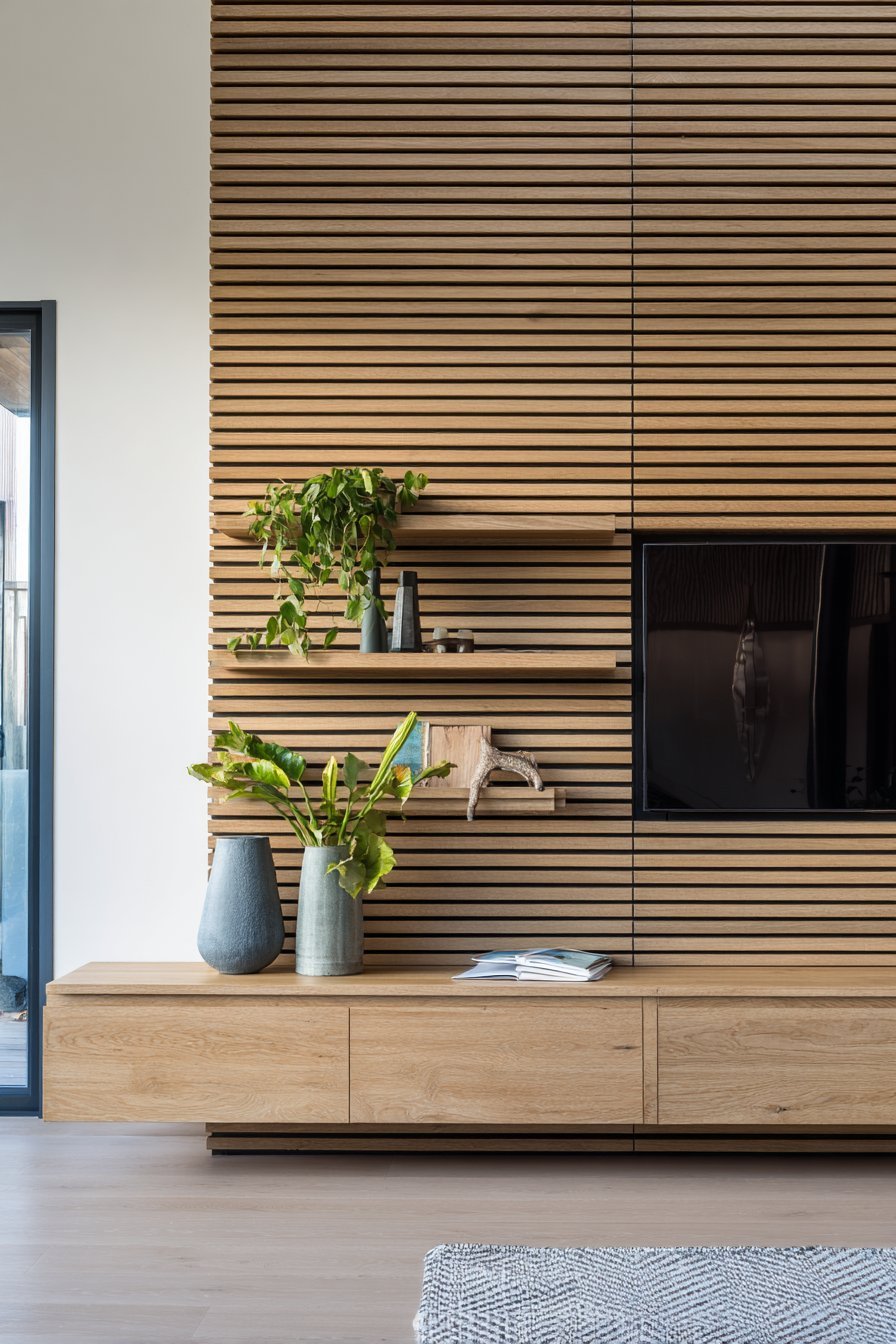 Floor-to-ceiling horizontal oak slat wall with LED backlighting above a matching media console
