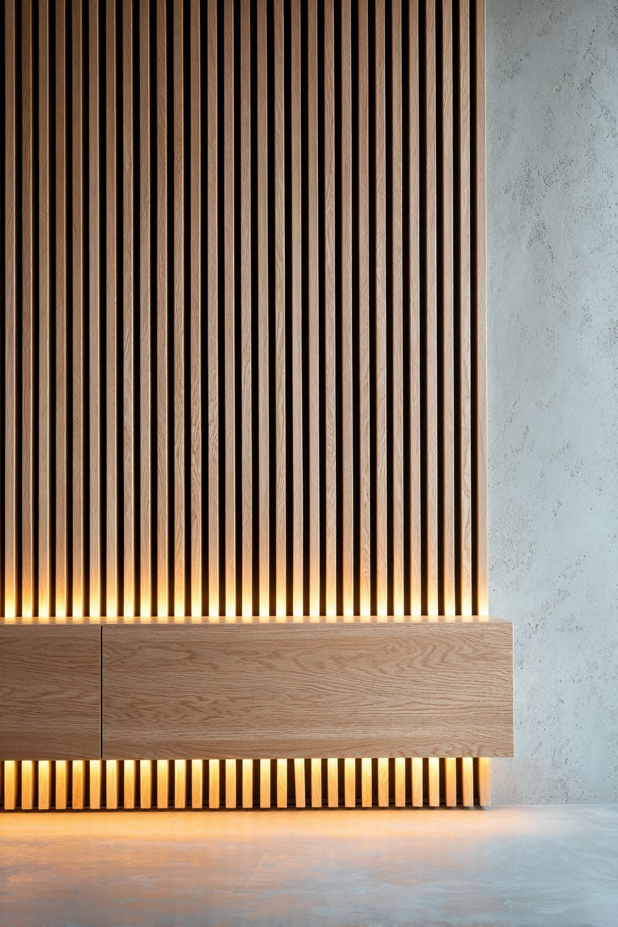 Floor-to-ceiling horizontal oak slat wall with LED backlighting above a matching media console