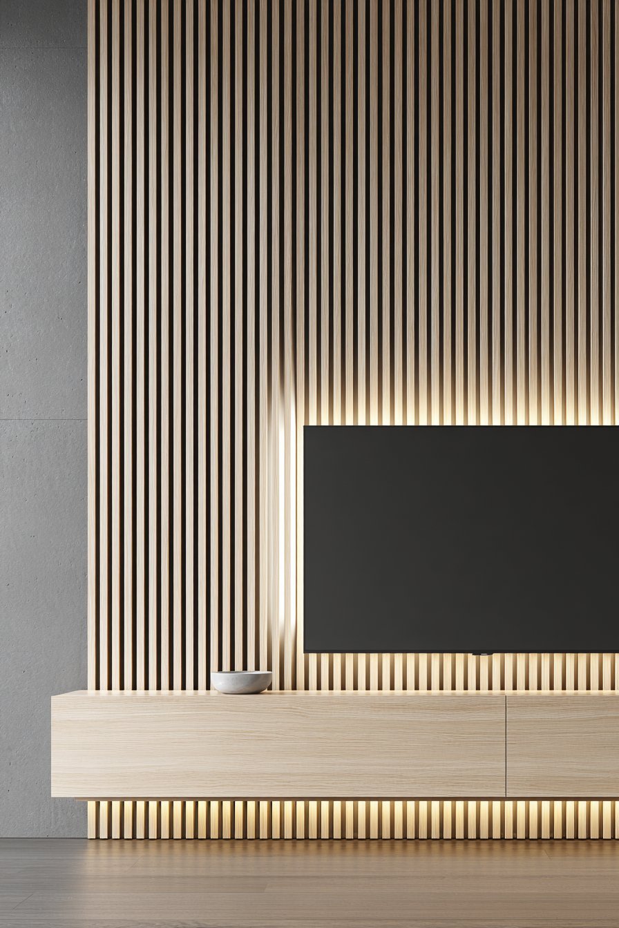 Floor-to-ceiling horizontal oak slat wall with LED backlighting above a matching media console