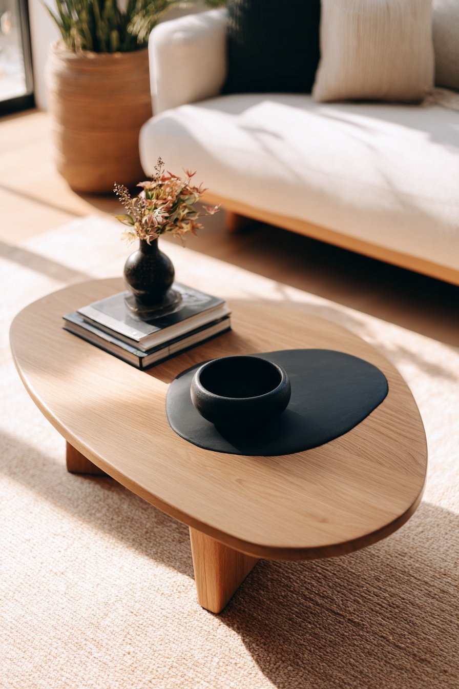 Live-edge walnut coffee table with a matte black ceramic bowl, bronze ikebana vessel and stacked art books