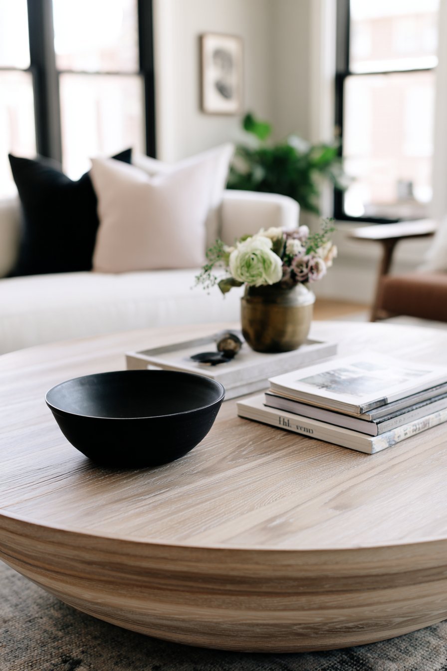 Live-edge walnut coffee table with a matte black ceramic bowl, bronze ikebana vessel and stacked art books