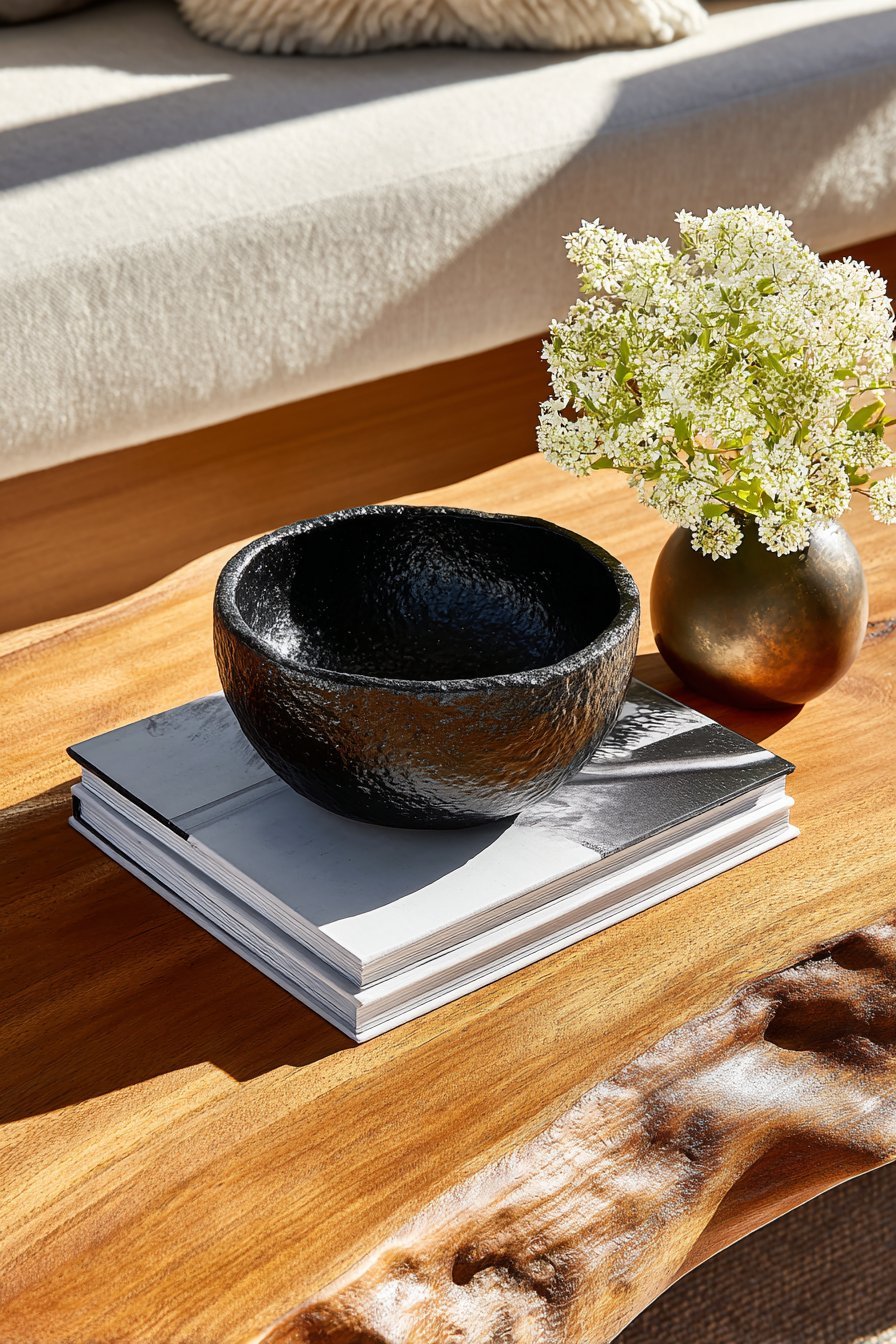 Live-edge walnut coffee table with a matte black ceramic bowl, bronze ikebana vessel and stacked art books