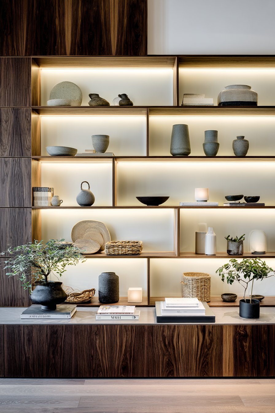 Open walnut shelves with ceramic vessels, woven baskets, books and small plants against a warm white wall