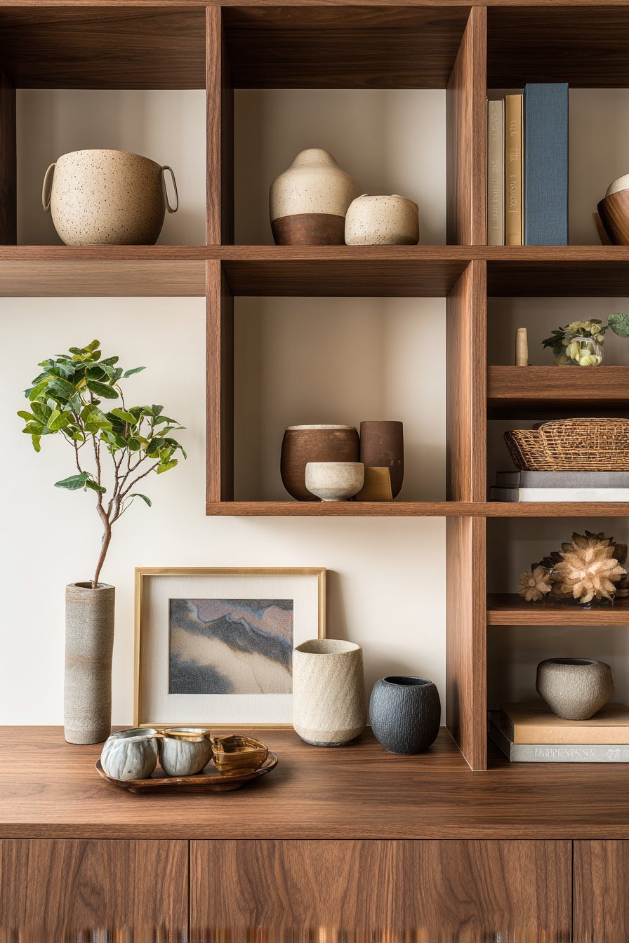 Open walnut shelves with ceramic vessels, woven baskets, books and small plants against a warm white wall